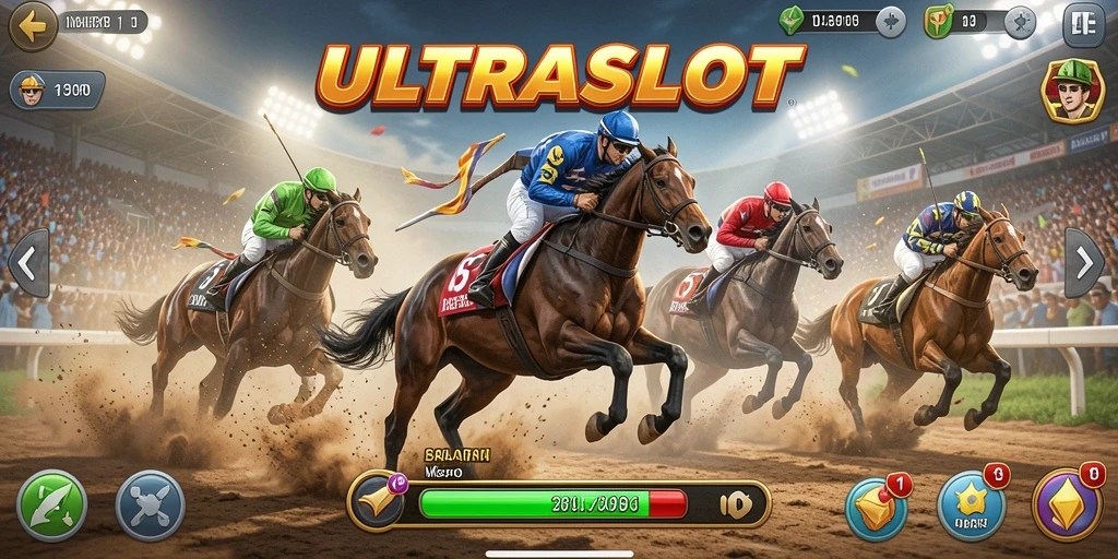 Gameplay ULTRASLOT menampilkan balapan yang menegangkan dan seru.